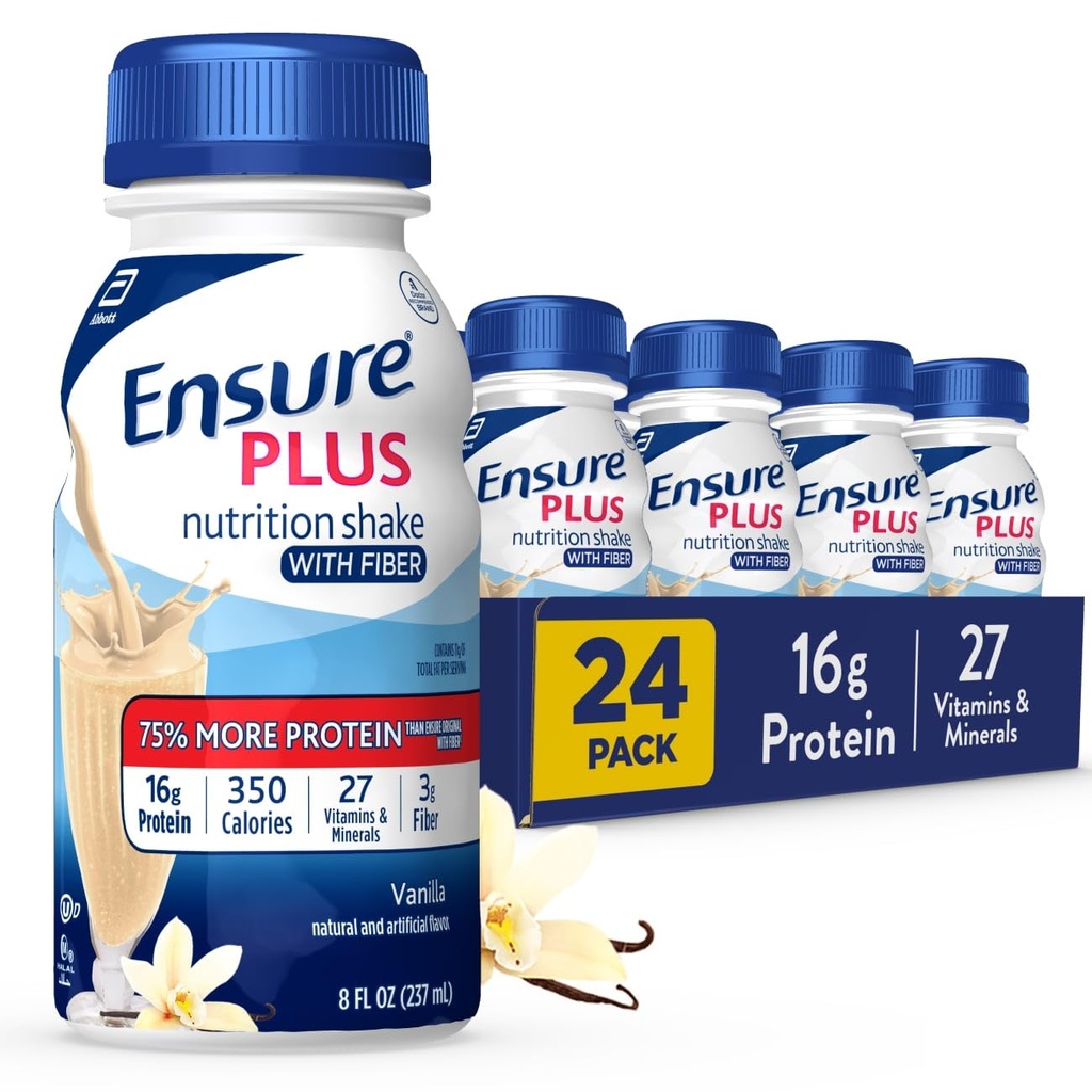 Vergewissern Plus Vanilla Nutrition Shake mit Fiber | Meal Ersatz Shake | Bereit zu trinken | 16g Protein und 27 Vitamine und Mineralien | 8 fl oz - 24 Pack