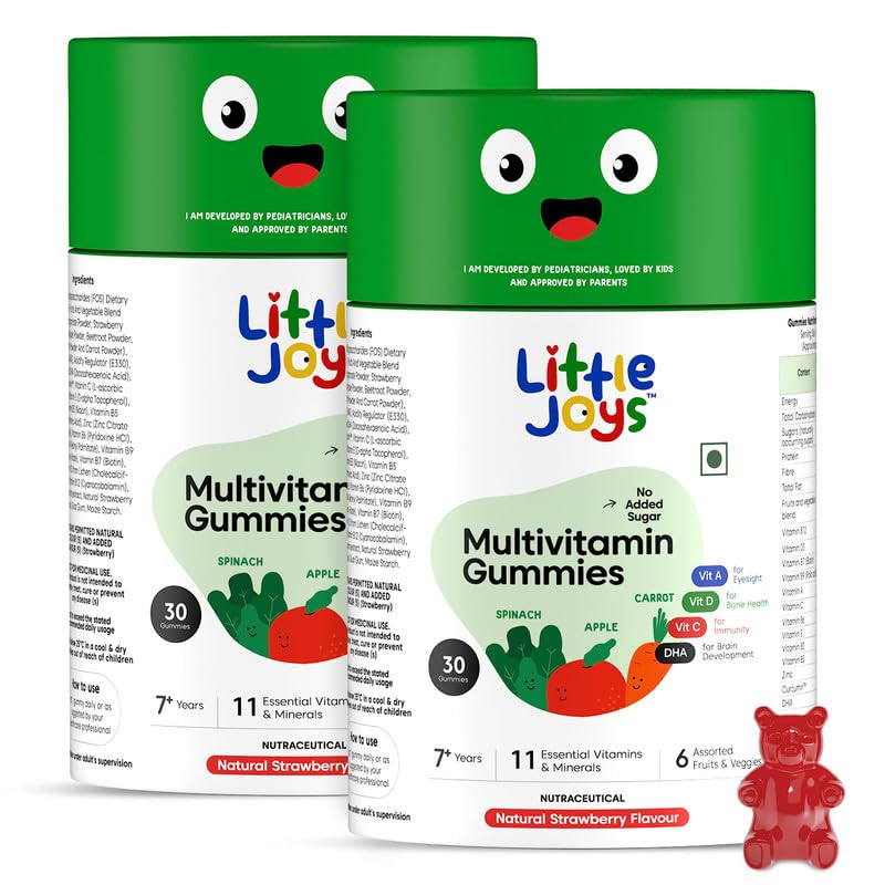 Little Joys Multivitamin Gummies (7-12 years) | 60 Days Pack | No Sugar Added | Strawberry Flavour | Supports Immunity, Bone Health & Digestion | pack of 2