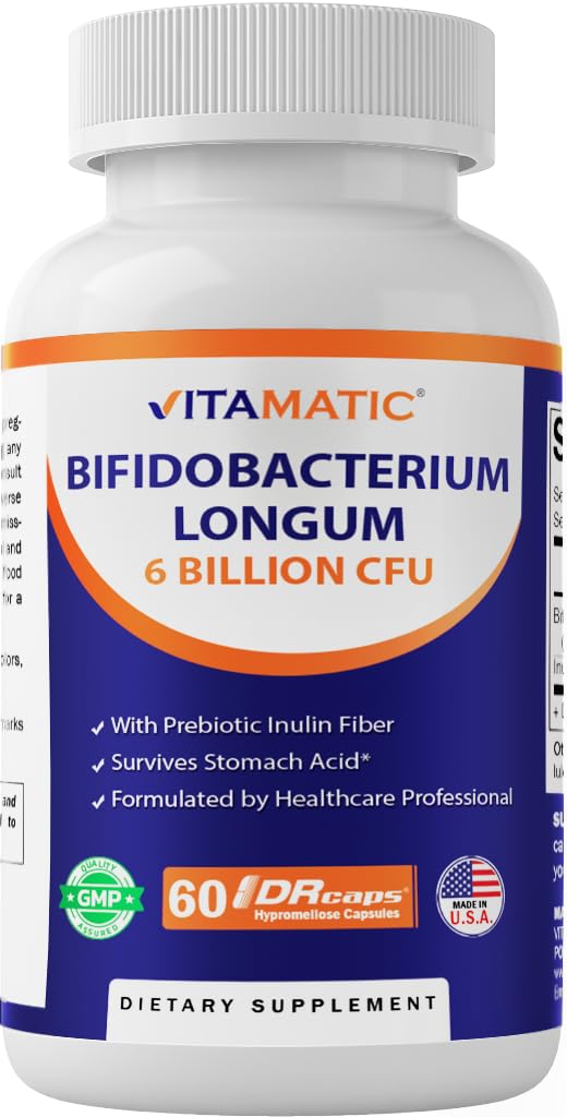 Vitamatic Bifidobacterium Longum 6 Million CFU par DR Capsule - 60 Compte - favorise la santé intestinale - fait avec la fibre d'inuline prébiotique