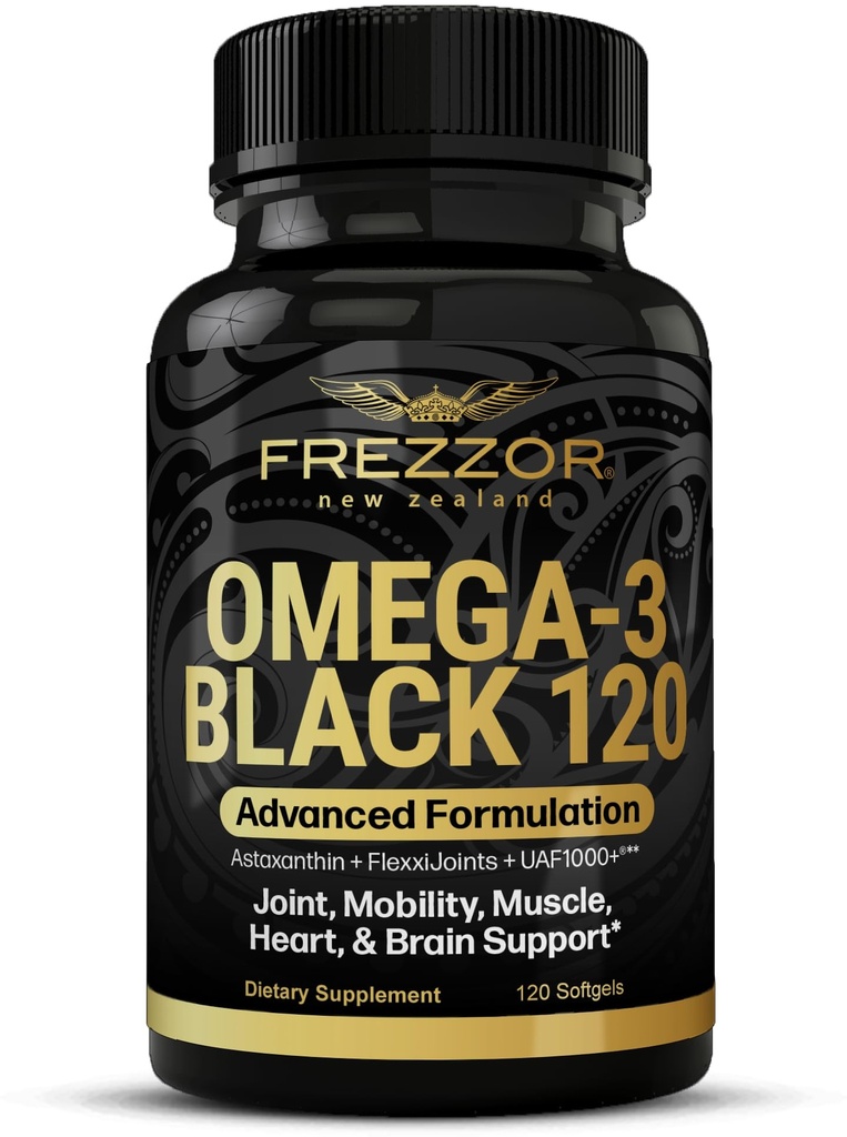 FREZZOR Omega 3 Schwarz - Green Lipped Mussel Öl Kapseln, Made in Neuseeland, UAF1000+, No Fishy Nachgeschmack, 120 Count (Pack von 1)