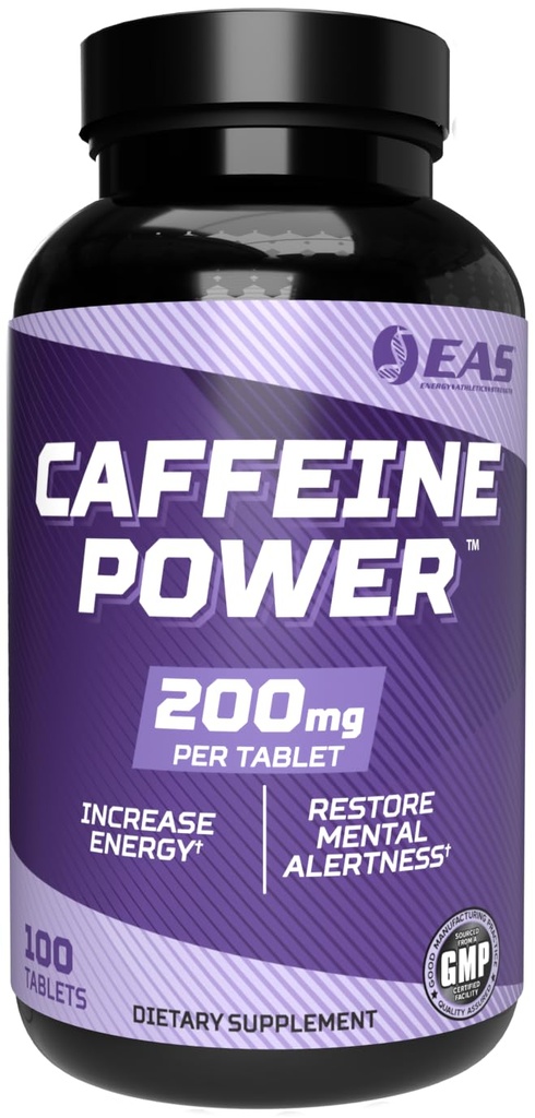 EAS Koffein Power 200mg | Koffein Pillen Ergänzung | Erhöhen Energie & Wiederherstellen Mentale Alertness | Glutenfrei, Non GMO, Vegetarisch Freundlich | 100 Tabletten