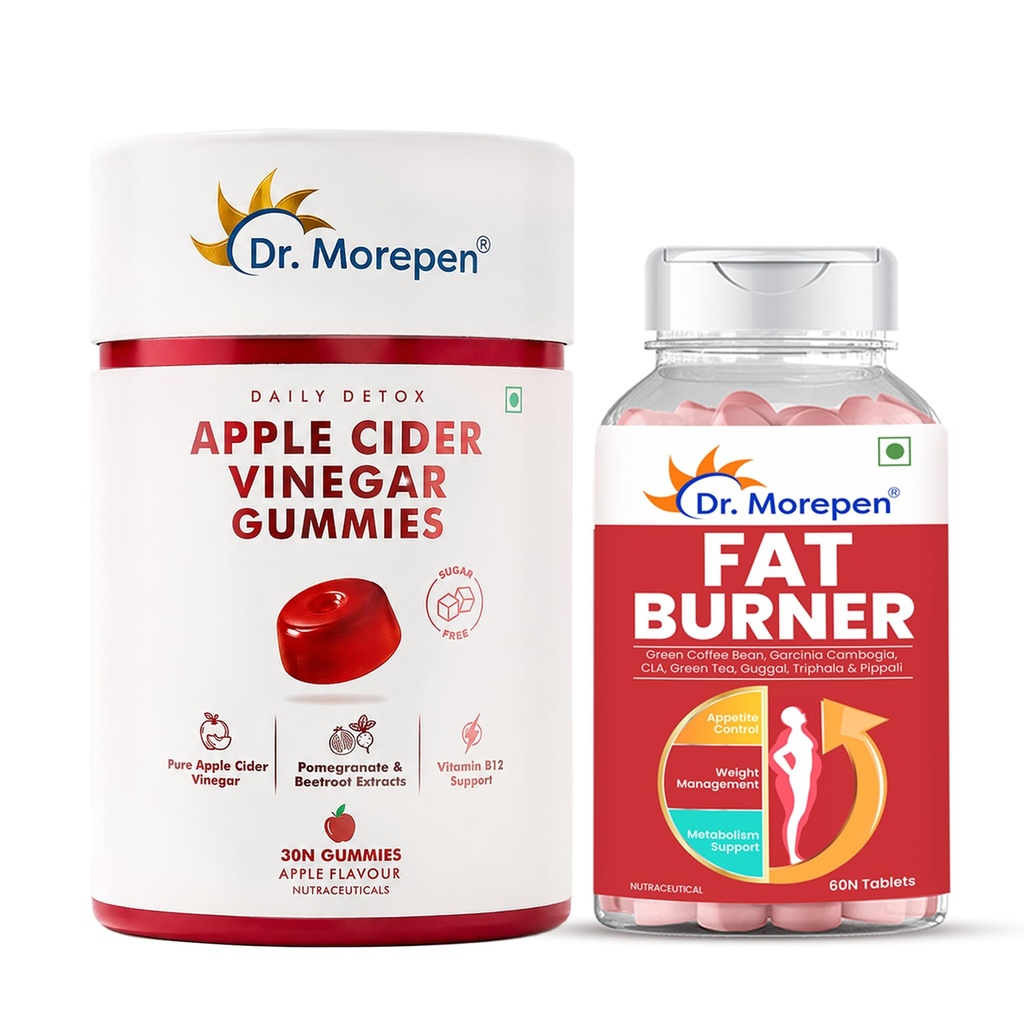 Dr. Morepen Apple Cider Vinegar Gummies & Fat Burner Tablets Combo, 30 Gummies + 60 Tablets, Weight Management & Metabolism Support