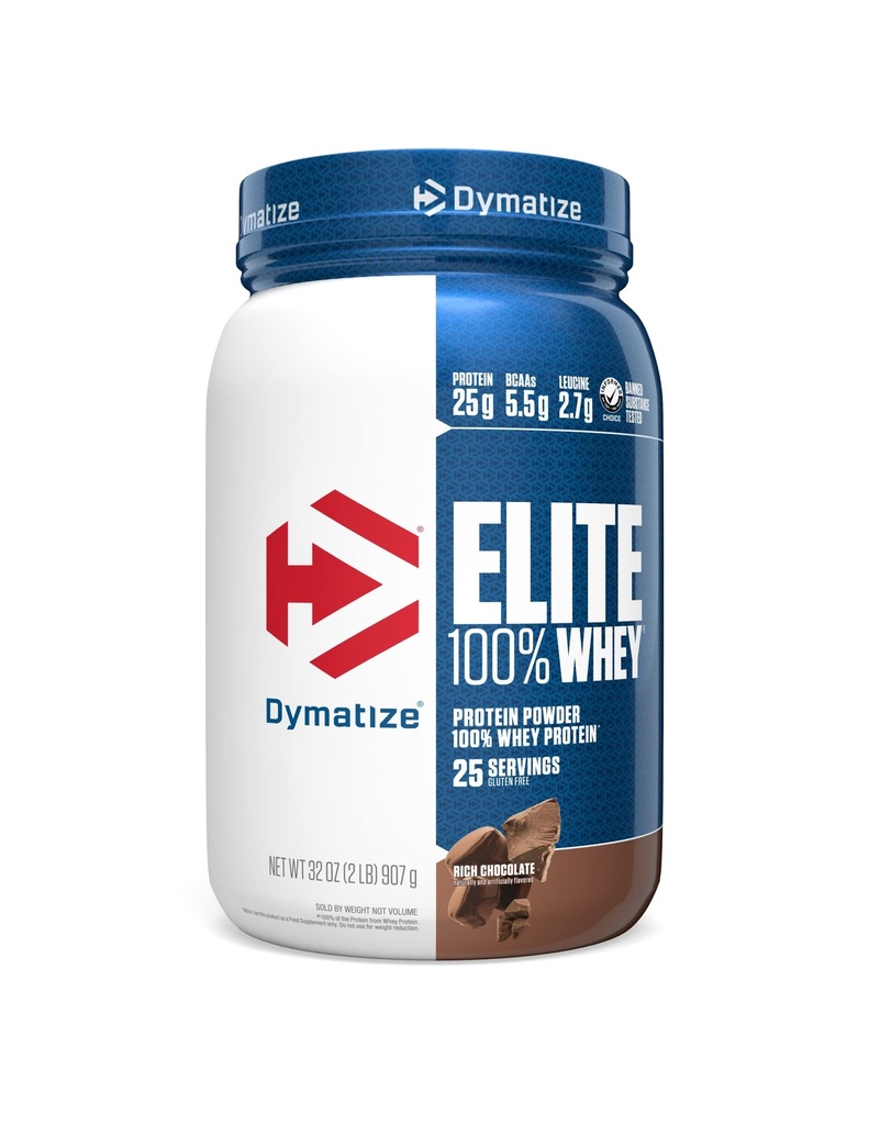 Dymatize Elite 100% poudre de protéines de lactosérum, chocolat, 25g de protéines, 5,5g BCAA, moins de 140cal., sans gluten, 3g de glucides, 2g de sucre, 3g de gras (25 portions)
