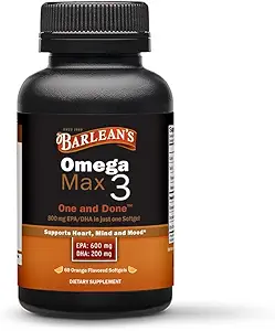 Barlean's Ideal Omega Max 3 Fish Oil Supplements, 1000 mg Softgels, EPA und DHA Fettsäuren Pillen für Männer und Frauen, Orange Flavor, 60 Zähler