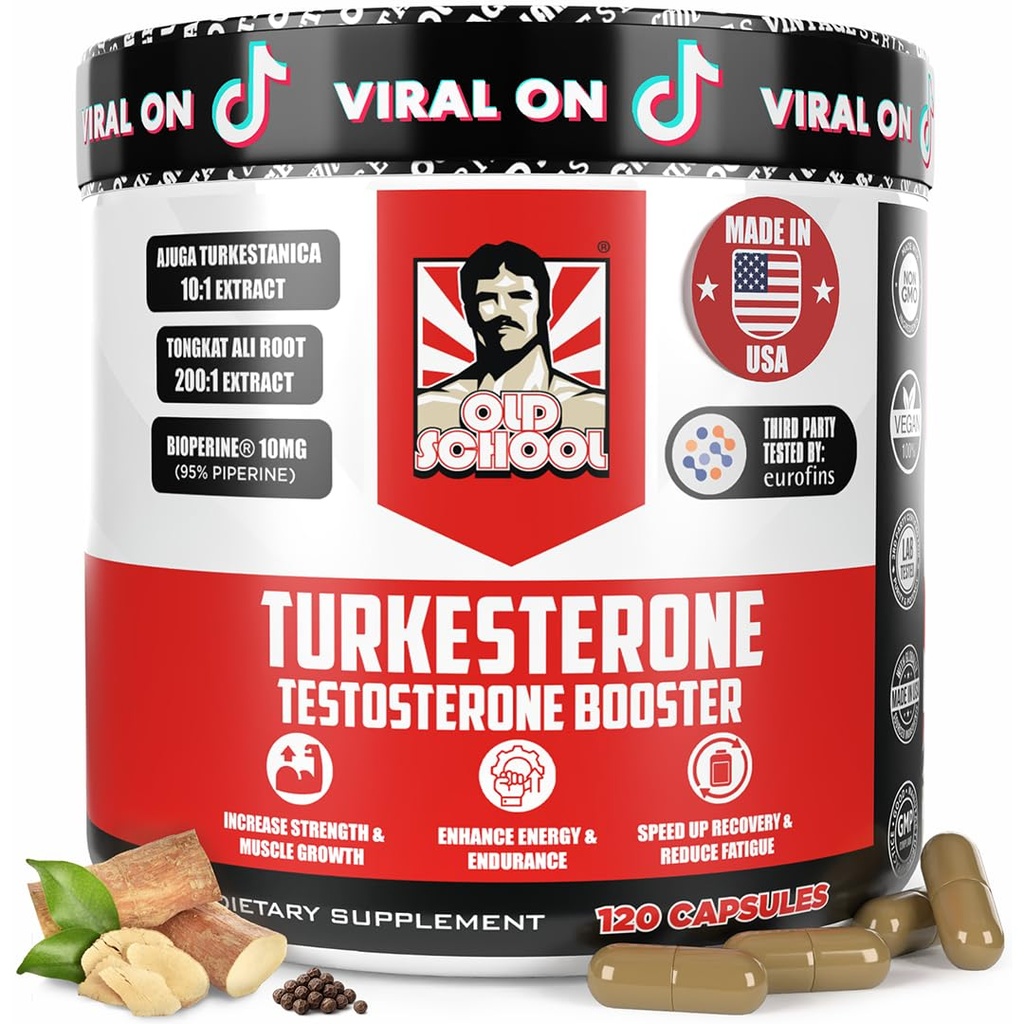 Old School Labs Supplément testostérone pour les hommes – Max Potency Tongkat Ali avec BioPerine® pour l'absorption maximale, supporte les muscles, la force, la récupération, la conduite et l'endurance – Turkestérone, 120 capsules