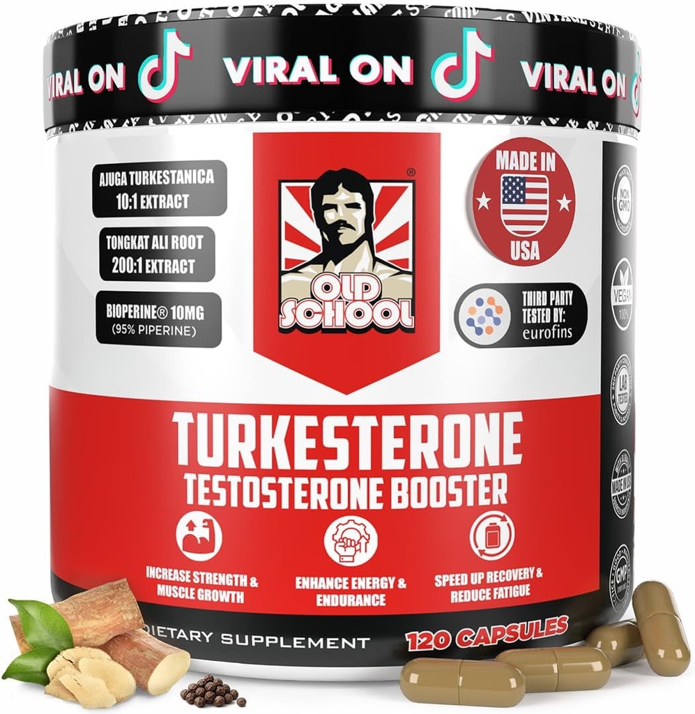 Old School Labs Testosteron Ergänzung für Männer – Turkesterone 1500mg Max Potency + Tongkat Ali & BioPerine® – Muskelwachstum, Erholung, Drive & Stamina – 120 Caps, 40 Portionen