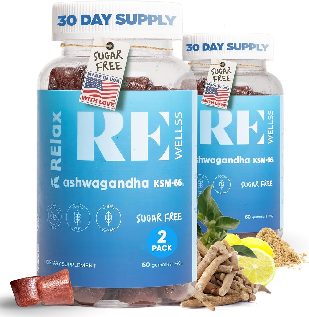 Ashwagandha & Vitamin D Gummies | Nahrungsergänzungsmittel | KSM 66 Ashwagandha Stress für Unterstützung 300mg | L-Theanin Zitronenbalsam | Natürliche Kräuter Non-GMO Zucker kostenlose Gluten & Gelatin Free | 2 Pack