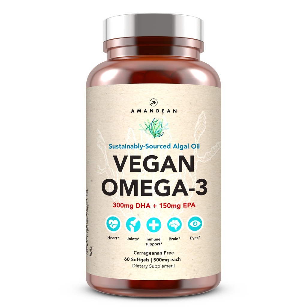 AMANDEAN Vegan Omega 3 Supplement. Premium Fish Oil Alternative. Algae DHA & EPA. Carrageenan Free Softgels. Algale essentielle Fettsäuren. Pflanzenbasiertes Herz, Gehirn, Auge, Haut, Immununterstützung. (60ct)