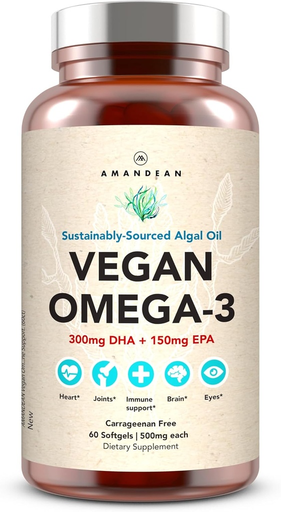 AMANDEAN Vegan Omega 3 Supplement. Premium Fish Oil Alternative. Algae DHA & EPA. Carrageenan Free Softgels. Algale essentielle Fettsäuren. Pflanzenbasiertes Herz, Gehirn, Auge, Haut, Immununterstützung. (60ct)