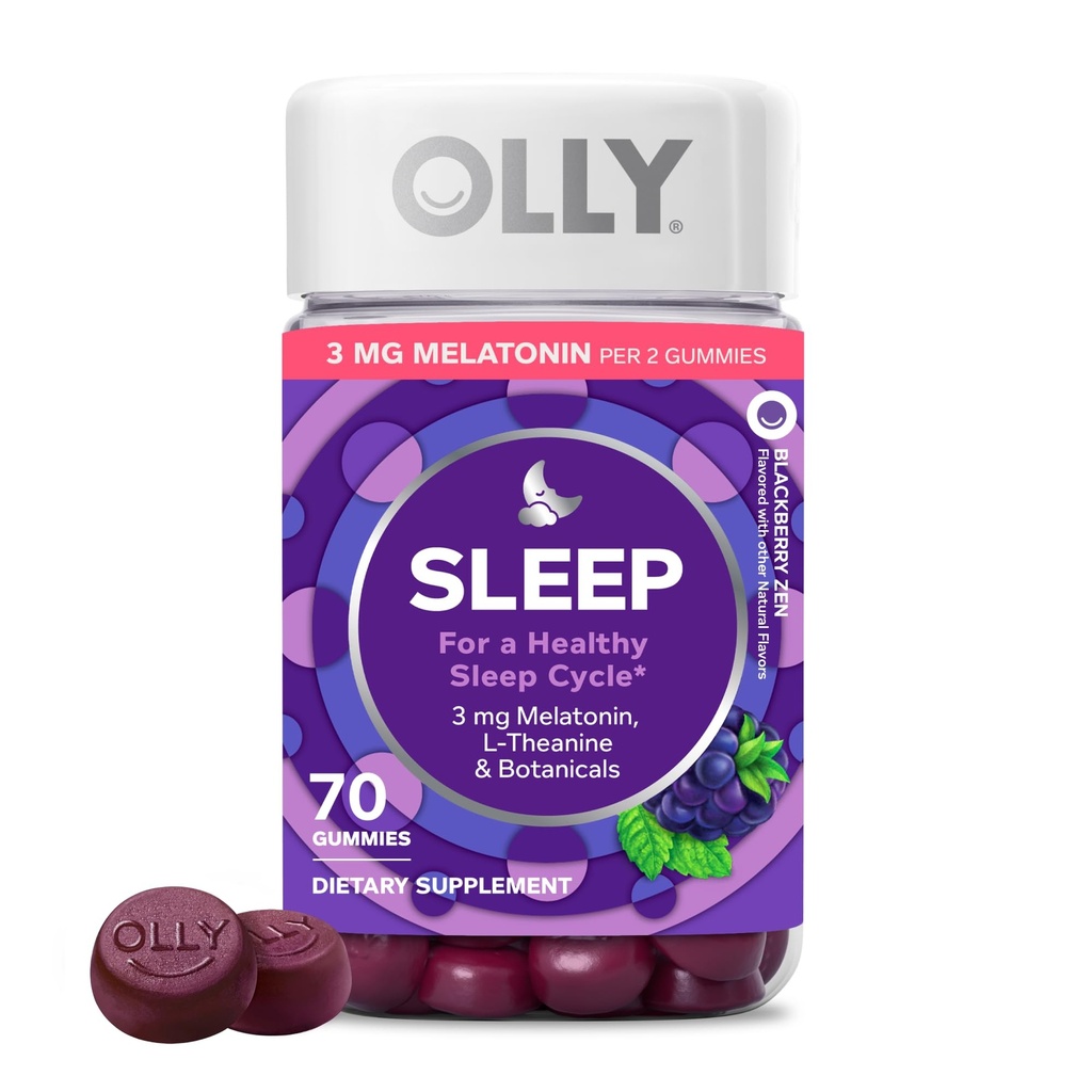OLLY Sleep Gummy, 3 mg Melatonin, L-Theanin, Kamille, Zitronenbalsam, Schlafhilfe, Blackberry - 70 Count
