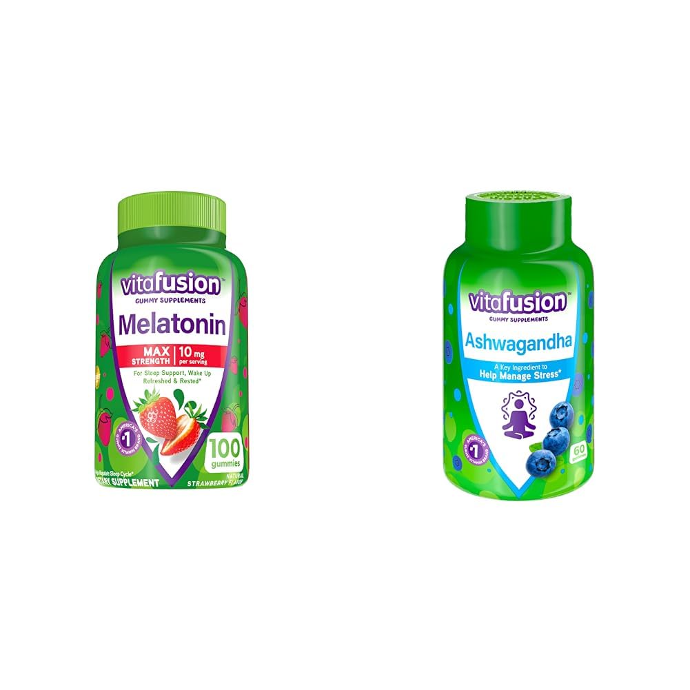 Vitafusion Max Strength Melatonin Suppléments Gummy, 100 Comte Ashwagandha Gummies, 60 Comte