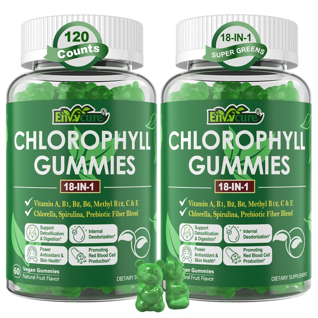 Gommies de chlorophylle, Super Vert 18-IN-1 avec Chlorella Spiruline biologique, Grasse de blé, Magnésium, Fibre prébiotique pour Déodorant Intérieur*,Digestion de Confort, Métabolisme,Immune, Odeur du corps frais, 2Packs