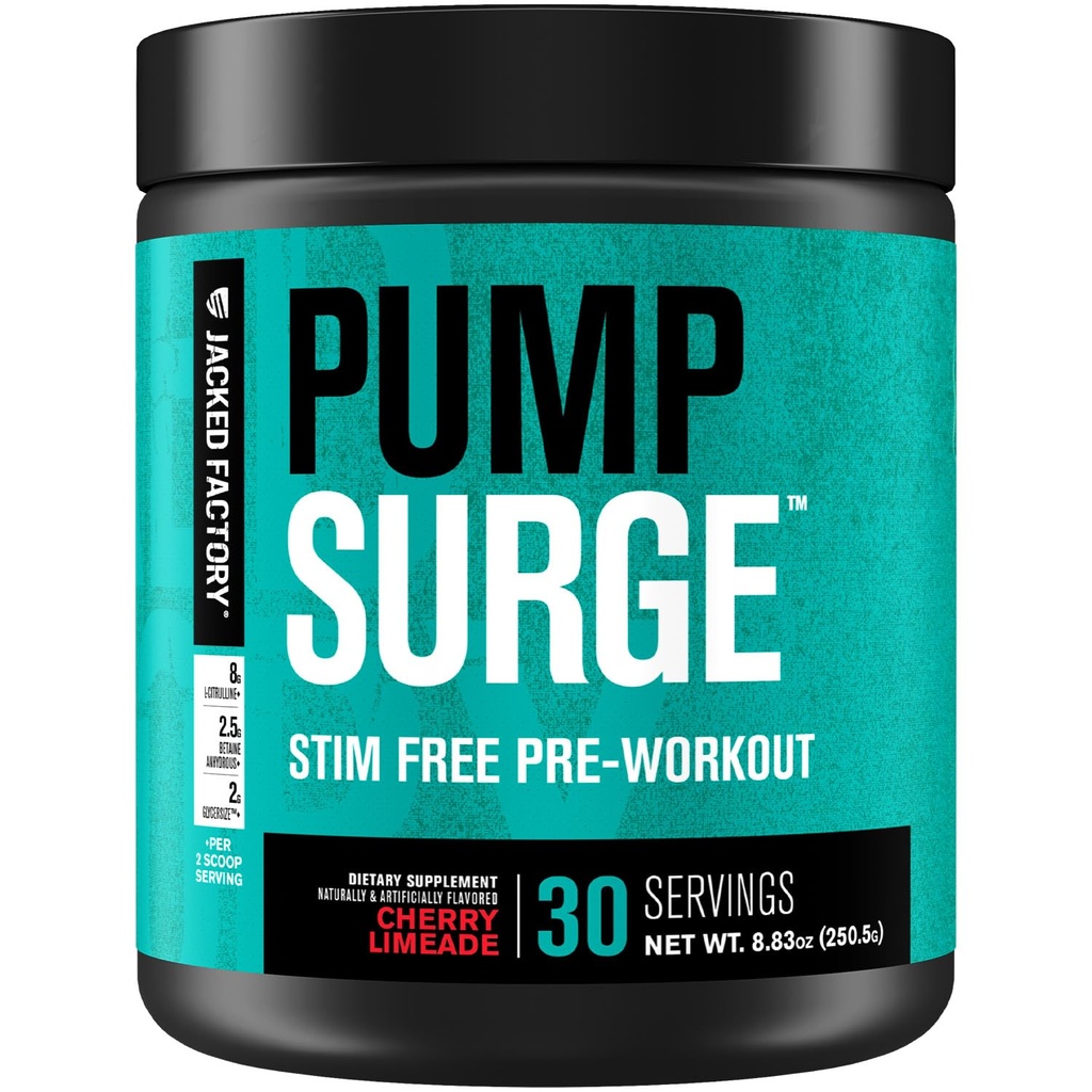 Pré-entraînement Jacked Factory Pumpsurge Caféine Free pour les hommes et les femmes - Booster Nootropic et Stim Free Pré-entraînement - Pompes intenses, Focus amélioré - 30 portions, Cherry Limeade