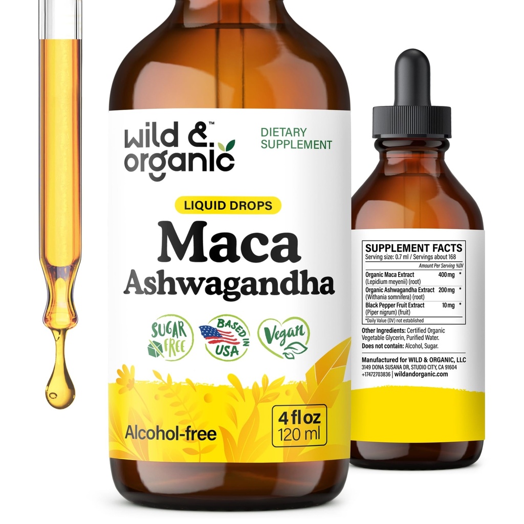 Wild & Organic Maca Root Ashwagandha Drops für Männer und Frauen - Liquid Maca Ashwagandha Supplement für Gesamtunterstützung - Peruvian Extract Tincture - Vegan, Zucker & Alkoholfrei - 4 fl oz