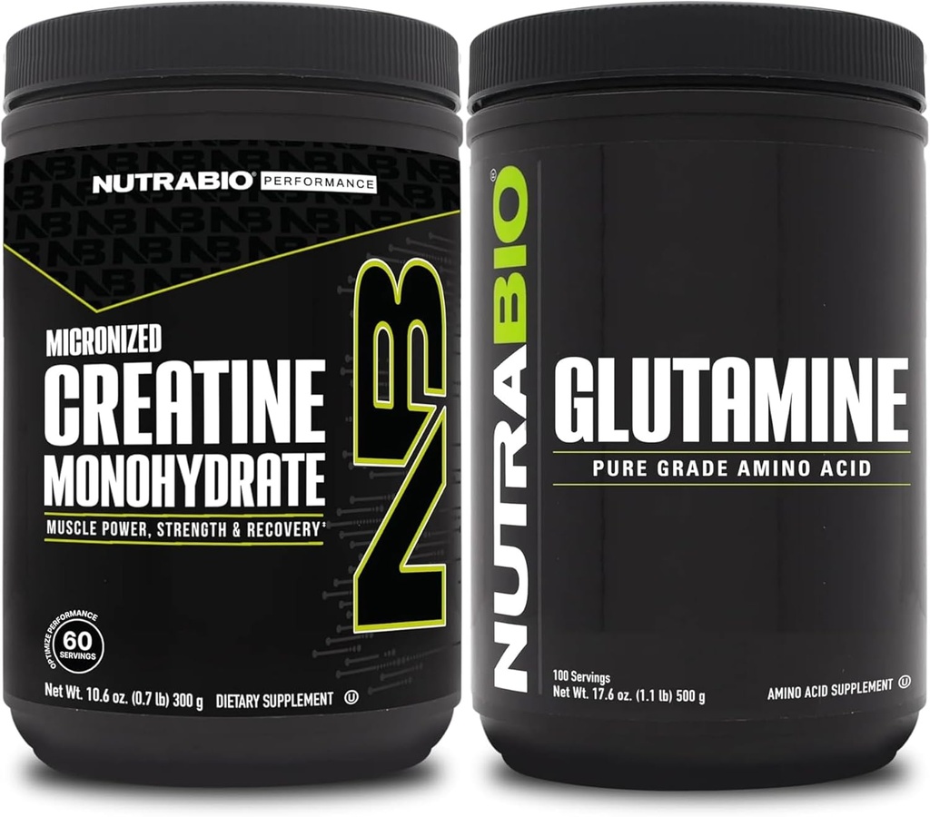 Supplément monohydraté en créatine de NutraBio, non aromatisé, (300g) et poudre de L-glutamine, (500g) – Ensembles de suppléments d'entraînement pour l'énergie musculaire, la récupération et la force