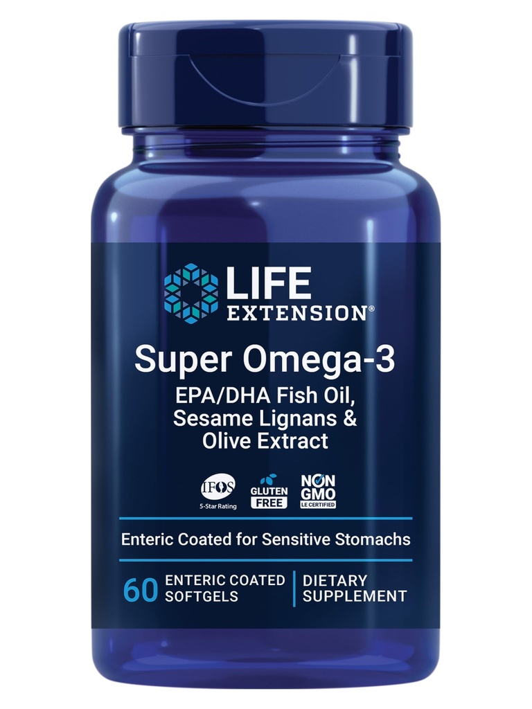 Prolongation de vie Super Omega-3 EPA/DHA Huile de poisson, sésame Lignans et extrait d'olive – Santé du coeur, Santé du cerveau, Inflammation Soutien de la santé, sans gluten, revêtement entérique, non OGM, 60 Softgels