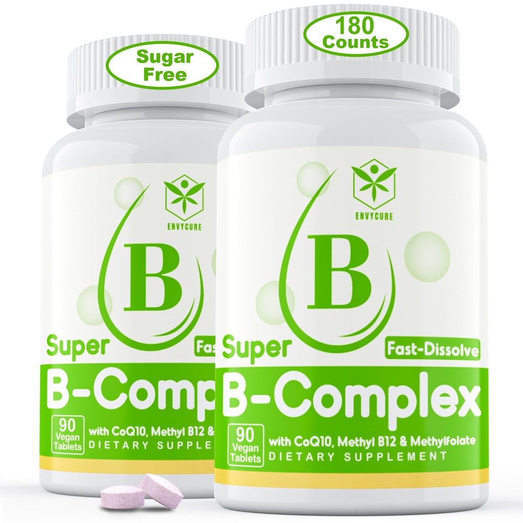 Zuckerfreier Vitamin B-Komplex mit Methyl B12, MethylFolate, B6, B1, B2, B3, Schnellauflösen Hochverfügbare methylierte B-Komplex-Ergänzung für Energiestufen, Neural System, Vegan,180 Tabletten