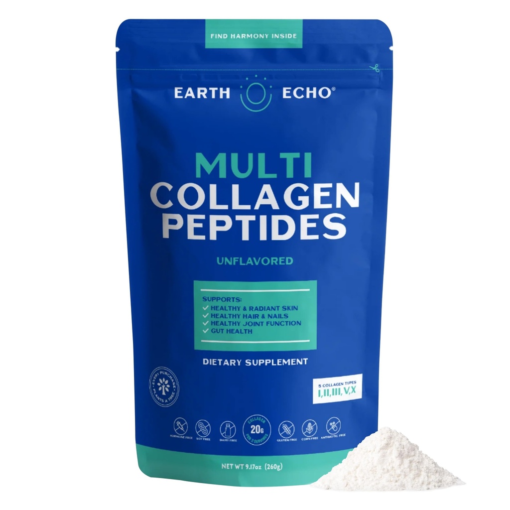 Peptides multicollagènes Echo Terre, Collagène hydrolysé avec vitamine C et acide hyaluronique, soutient la peau radiante, articulations saines, santé de la gueule et fonction immunitaire, sans lait, 26 portions