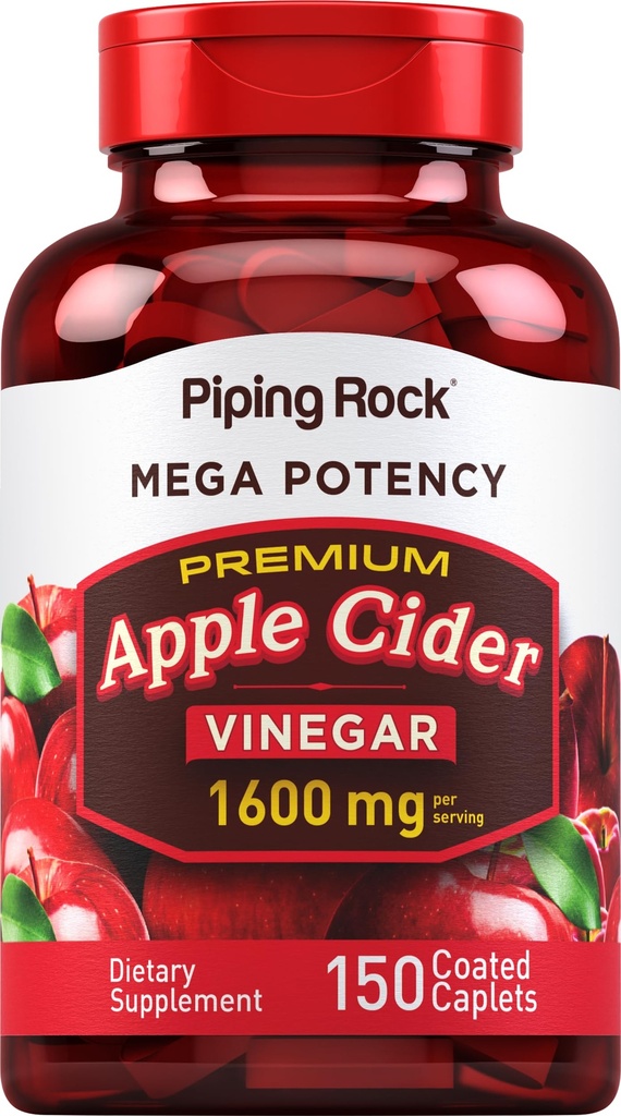Piping Rock Pomme cidre vinaigre capsules Caplets de 1600mg de 150 pilules de haute puissance de haute puissance de supplément de vinaigre de cidre extra-fort de légumes, non-OGM, sans gluten