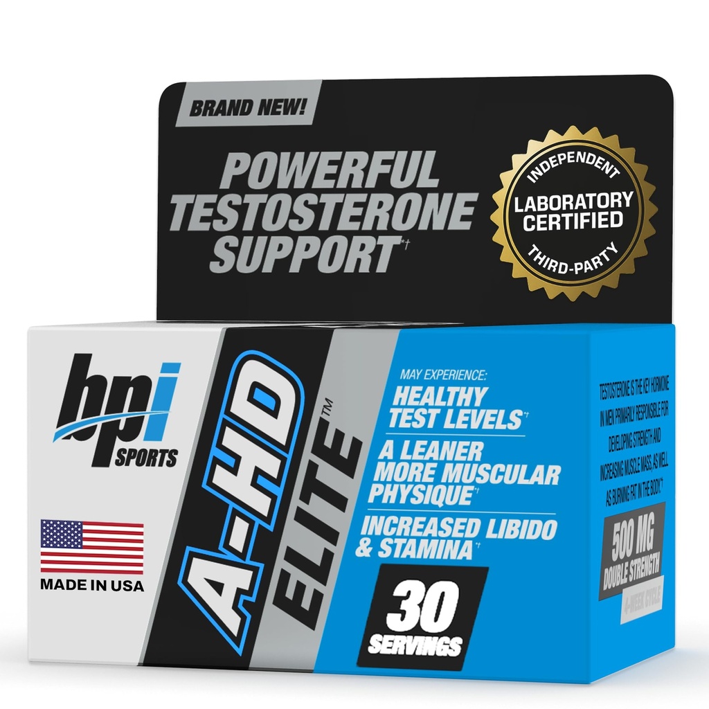 BPI Sports A-HD Elite – Leistungsstarke Testosteron-Booster für Stamina, Stärke, sexuelle Unterstützung – Unterstützt Muskel, Libido & Stoffwechsel – Natürliche Testosteron-Ergänzung – 30 Portionen – 500mg