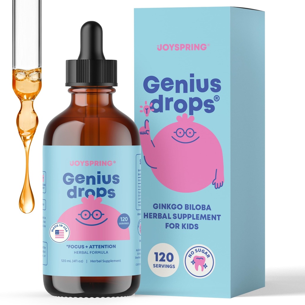 JoySpring Genius Drops - Organic Focus Drops für Kinder | Klinisch bewährte Fokus-Ergänzung hilft Kindern, besser in der Schule | Flüssige Kräuter-Ergänzung mit Ginkgo Biloba (4 fl oz) 120 Portionen