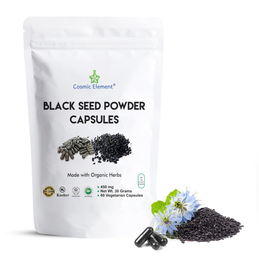 Cosmic Element 100% reines schwarzes gesägtes Pulver Kapseln Organisch - Vegan Nigella Sativa 450mg Black Cumin Seeds pro Servier- für Gesundheit - 60 Kapseln