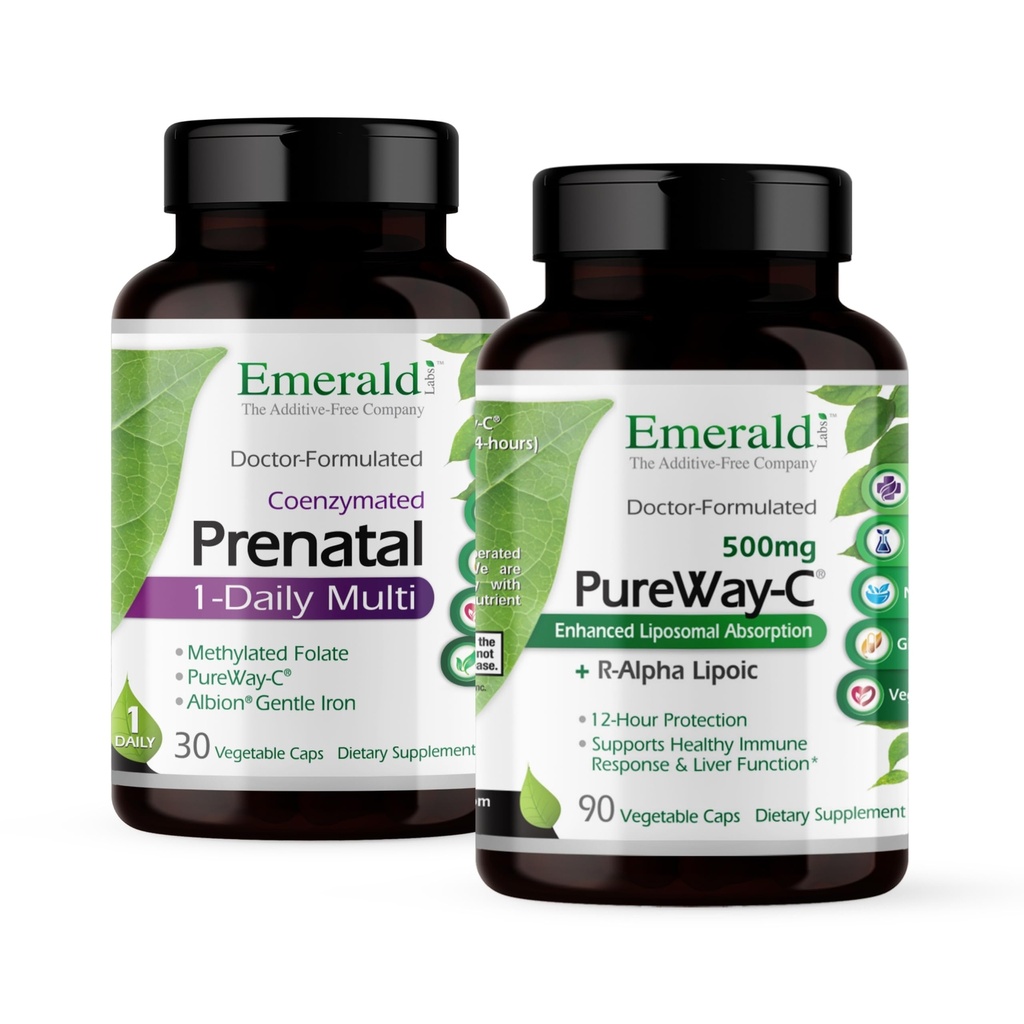 Ensemble de laboratoires émeraudes avec folate prénatal 1 jour (60 capsules de légumes) et PureWay-C (90 capsules de légumes) - Multivitamine prénatale avec folate méthylé, fer et plus* - supplément de vitamine C avec acide lipoïque R-Alpha*