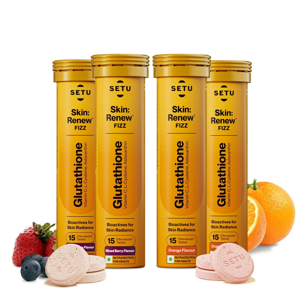 Setu Skin Renew Glutathione Tablets for Glowing Skin | 60 Effervescent Tablets with 500mg L-Glutathione & Vitamin C | Antioxidant, Skin Glow Supplement for Clear Skin | Mixed Berry & Orange, Pack of 4