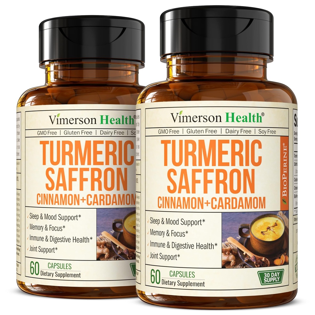 Saffron-Ergänzungen – 89mg Saffron-Extrakt und 1000mg Tumeric Blend – Kurkuma-Ergänzung mit Ceylon Cinnamon und Cardamom für Stimmung, Gedächtnis und Augengesundheit – Gemeinsame Ergänzungen für Frauen & Männer – 2 Pack