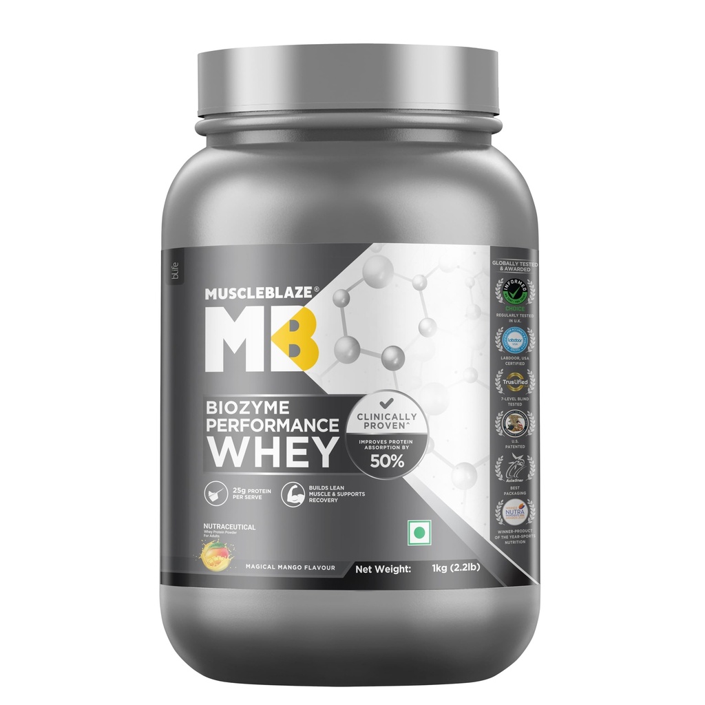 MuscleBlaze Biozyme Performance Whey Protein Powder, 1kg (2.2lbs)