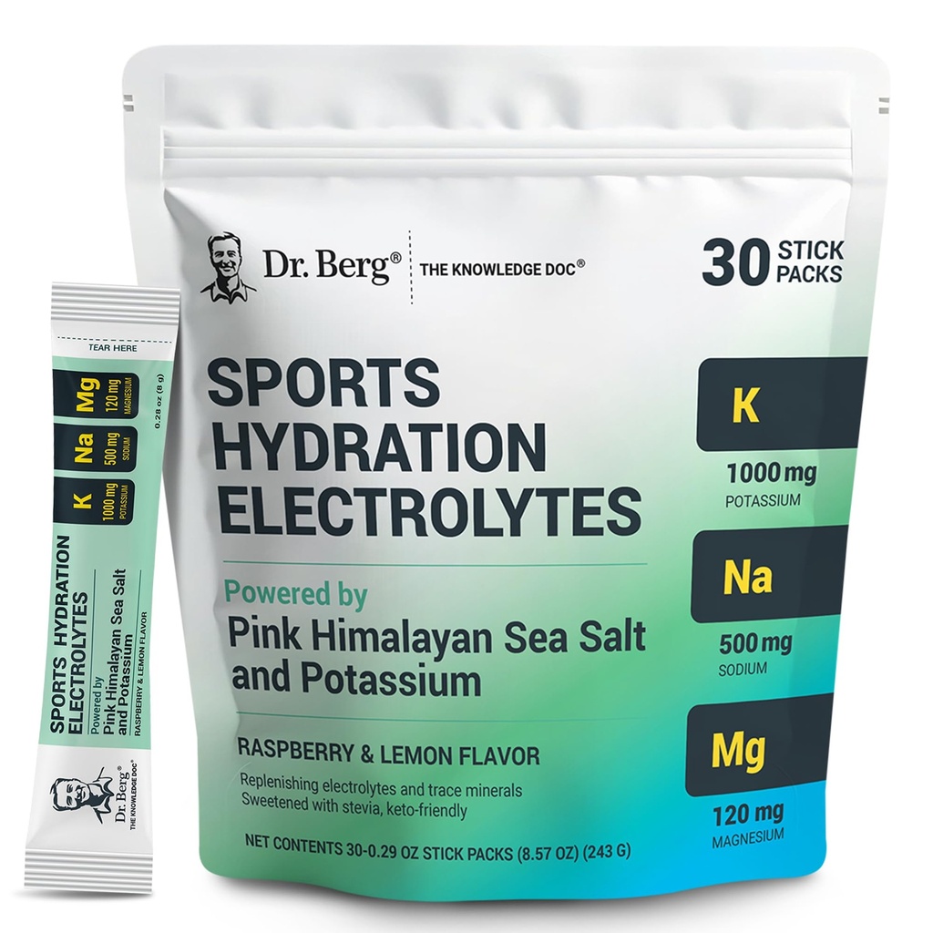 Dr Berg Sports Hydratation Electrolytes Poudre avec/plus de sel (Pink Himalayan) - 30 Kéto Electrolytes Poudre Packets avec/a Delicious Salty Raspberry & Lemon Flavor - Comprend 1000mg de potassium