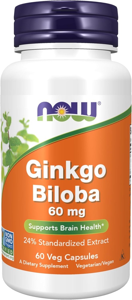NOW Foods Supplements, Ginkgo Biloba 60 mg, 24% Standardized Extract, Non-GMO Project Verified, 60 Veg Capsules