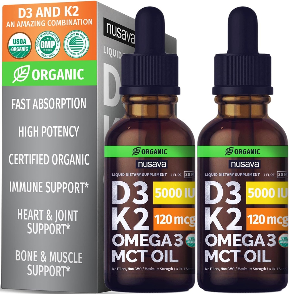 NUSAVA Vitamin B12 Flüssigkeitstropfen, entflammt D3 K2, & Chlorophyll Bundle - Potente flüssige Vitamine für Herz, Energie, Gehirn & Immununterstützung - Non-GMO, Gluten-Free, 2pk Jeder