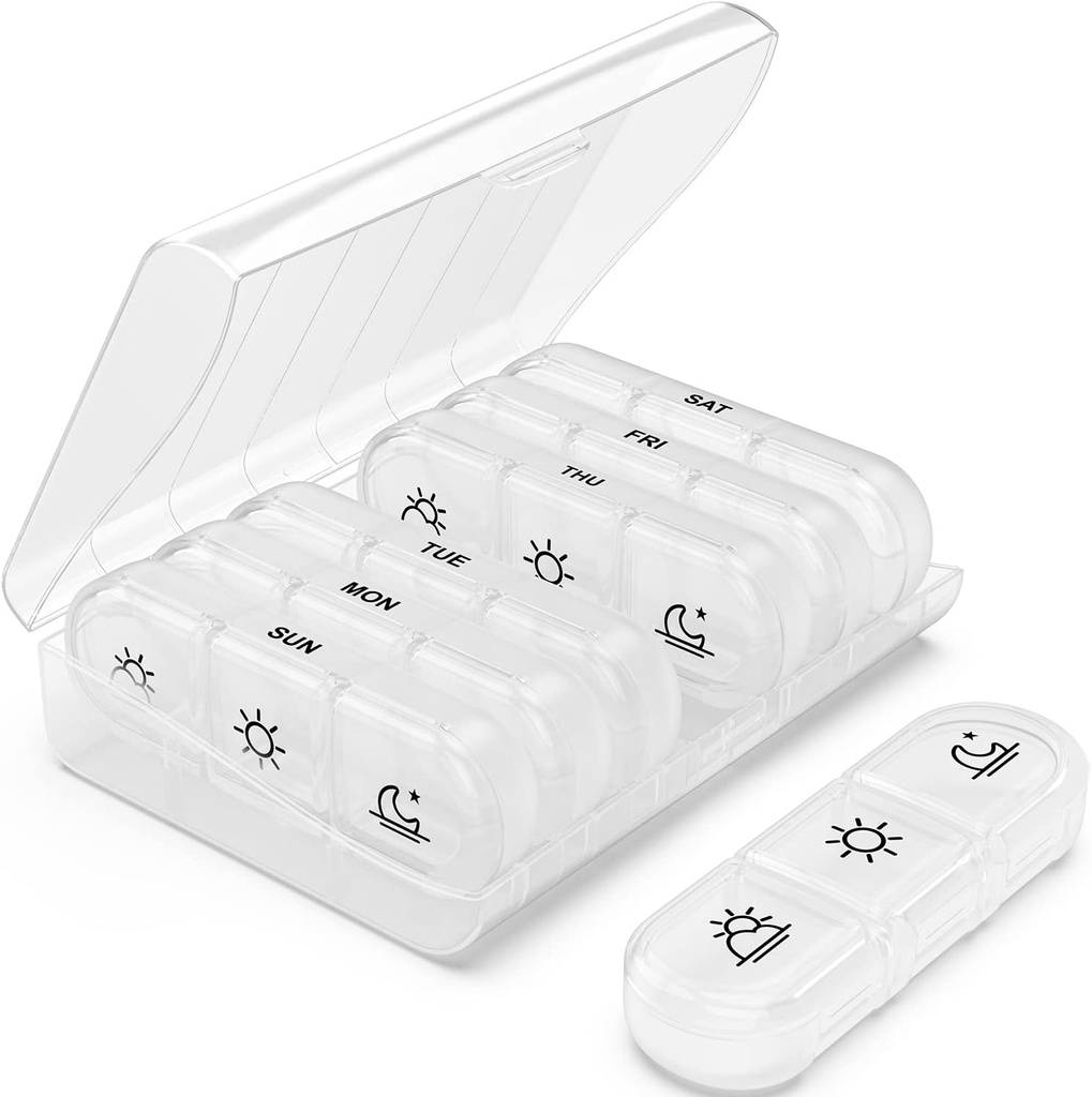 PULIV Weekly Pill Organizer 3 Mal pro Tag, Portable Travel Pill Box 7 Tag mit großen Pillen-Container, Licht-Proof Pille Fall für Vitamine, Medikamente, Ergänzungen und Fischöle (Weiß)