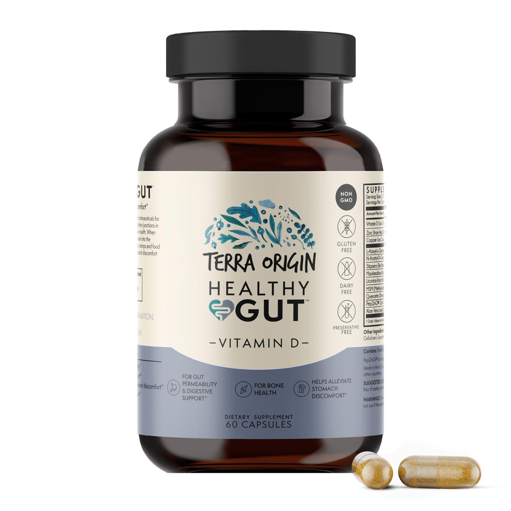 TERRA ORIGIN Healthy Gut with Vitamin D 5000 IU | 60 Capsules | Gut Health Supplements for Men and Women | Supports Digestion and Gas