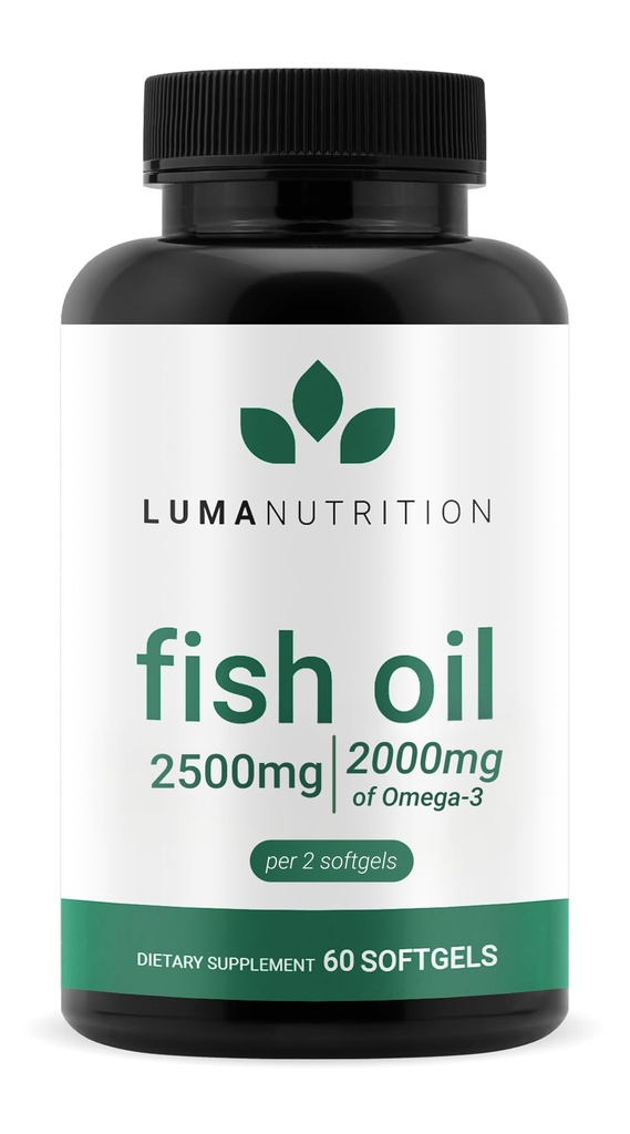 Luma Nutrition Omega 3 Supplément à l'huile de poisson - Extra Strength 2500mg - 2000mg EPA & DHA - Santé du cerveau et du coeur - 60 Softgels