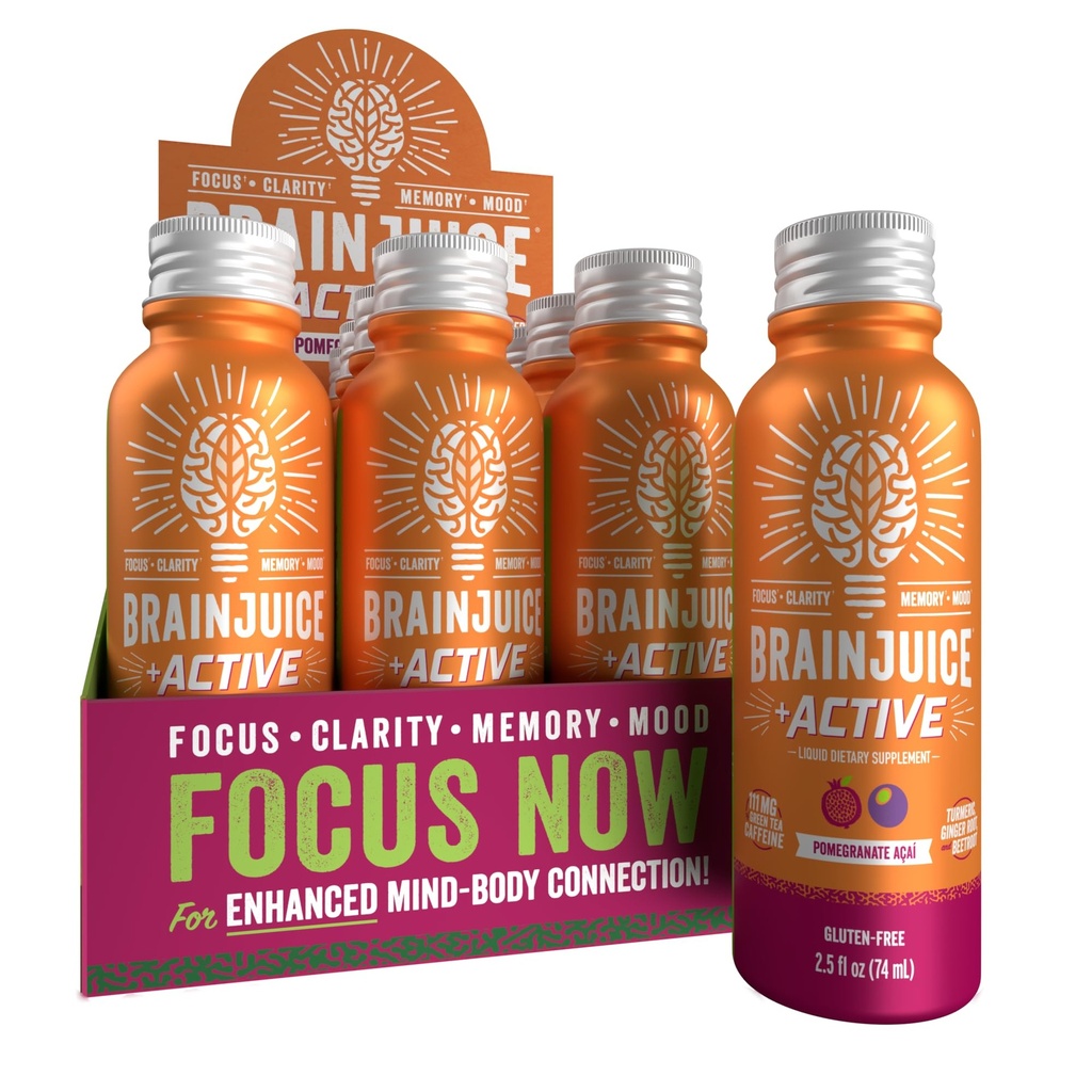 BrainJuice Active Focus & Energy Drink Shots, unterstützt Endurance, Recovery & Clarity, Non-GMO, Glutenfrei, Nootropics, Alpha GPC, B Vitamine & Organic Green Tea, Granate Acai, 2,5 fl oz, 12 Pack