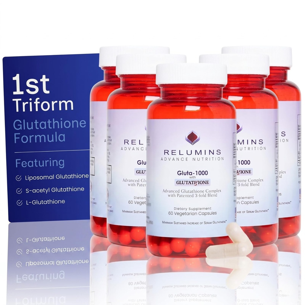 Relumines L Glutathione Supplement Complex - Reduzierte Glutathione 1000mg mit Alpha Lipsäure & Rose HIPS Kapseln für Nourished & Smoother Skin, 60 Caps x 5 Flaschen