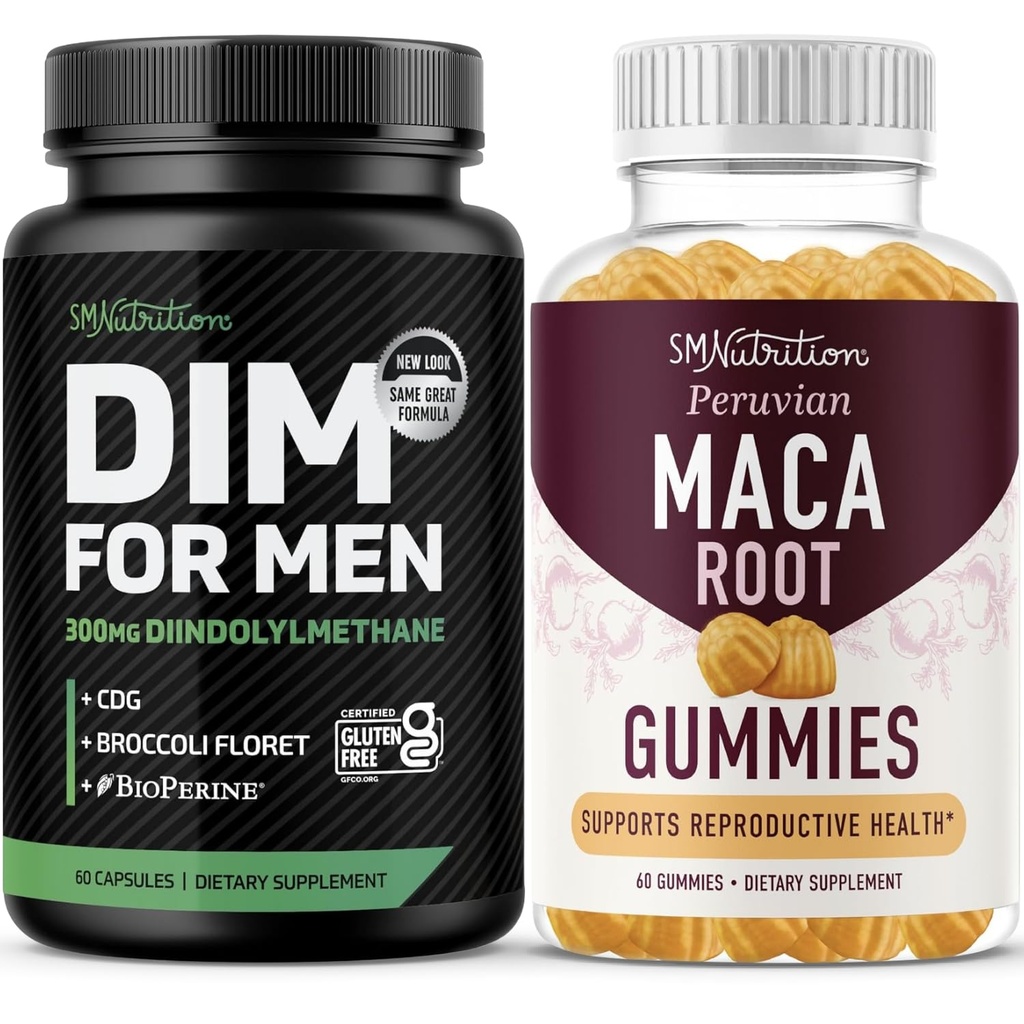SMNutrition Maca Root Gummies & 300mg DIM Supplément pour les hommes pour la testostérone et le support de performance.