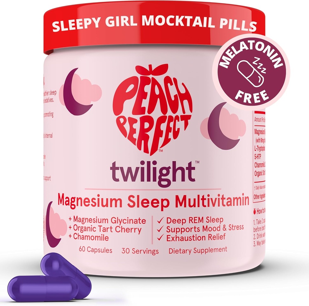 Peach Perfect Twilight Magnesium Glycinate Sleep Multivitamin Magnesium Supplement mit Bio Tart Cherry, Kamille, 5-HTP, L-Tryptophan, natürliches Schlafmädchen Mocktail, 60 Kapseln, 30 Servietten