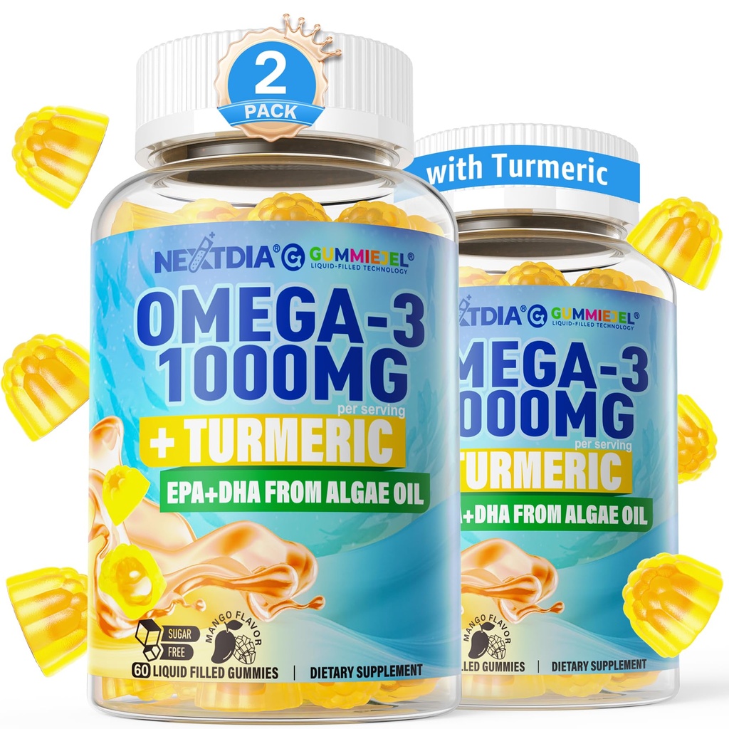 Vegan Omega-3 Gommies 1000mg + curcuma - Omega 3 Huile de poisson Alternative pour les adultes - Algae DHA 600mg & EPA 300mg, Vitamines A, C, E, Zinc & MSM, sans sucre, 120 Cts