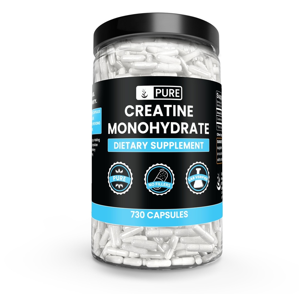 Pure Original Zutaten Kreatin Monohydrat (730 Kapseln) Kein Magnesium oder Reisfüller, Immer rein, Lab Verifiziert