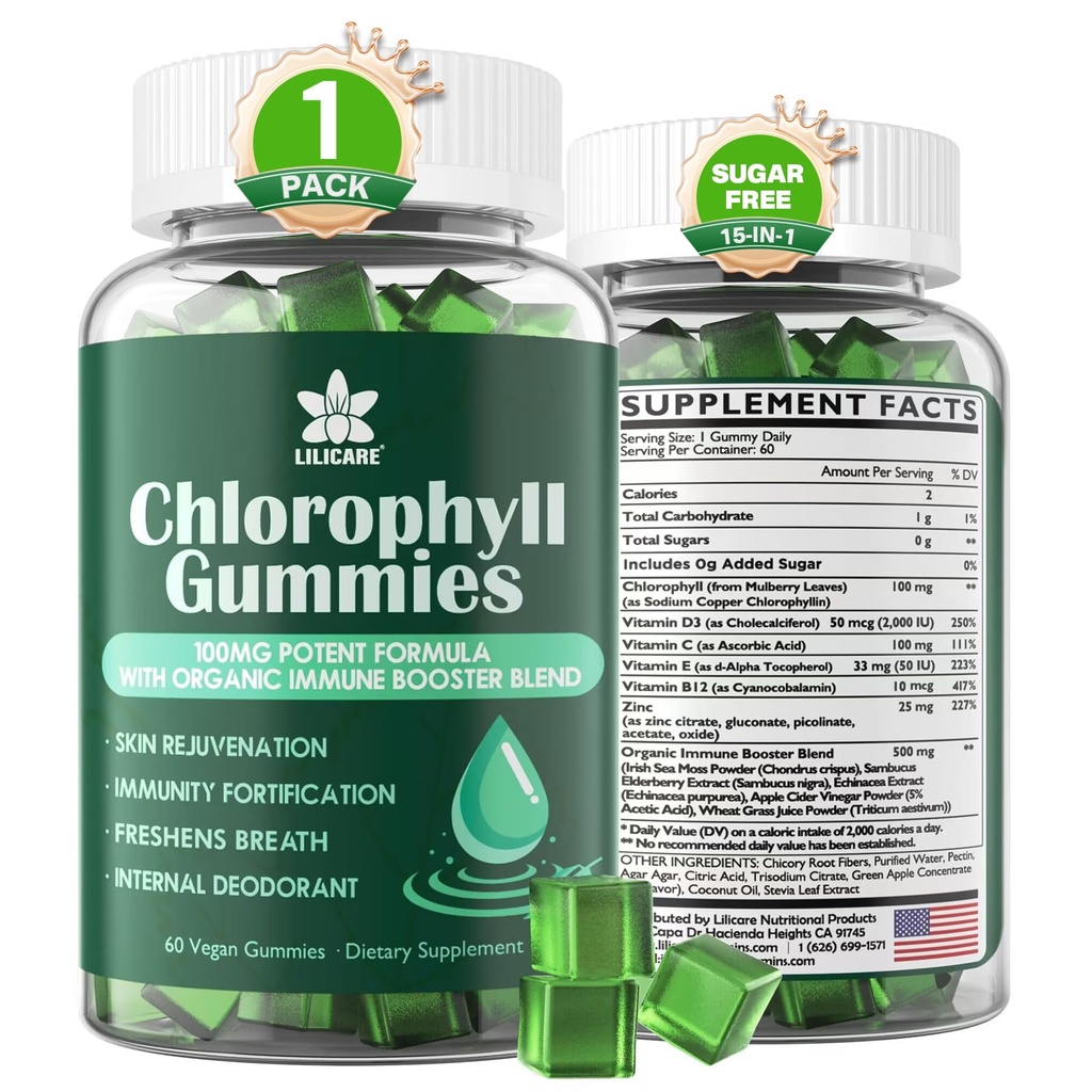Gommies de chlorophylle - Super vert avec de l'herbe de blé, de la mousse de mer, du vinaigre de cidre de pomme non filtré et de la mûre, de l'échinacée, du complexe du zinc et de la vitamine D3, C, E, B12 pour le déodorant naturel, l'Immune et le soutien à la digestion, 60 Chews