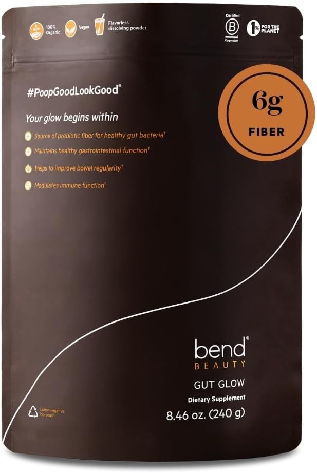 Bend Beauty Gut Glow | Daily Prebiotic Fiber Supplement Powder w/Tremella Mushroom Exract | Digestive Gut Health | 6g Soluble Fiber per Serving | 100% Organic, Vegan, Sugar Free Fiber