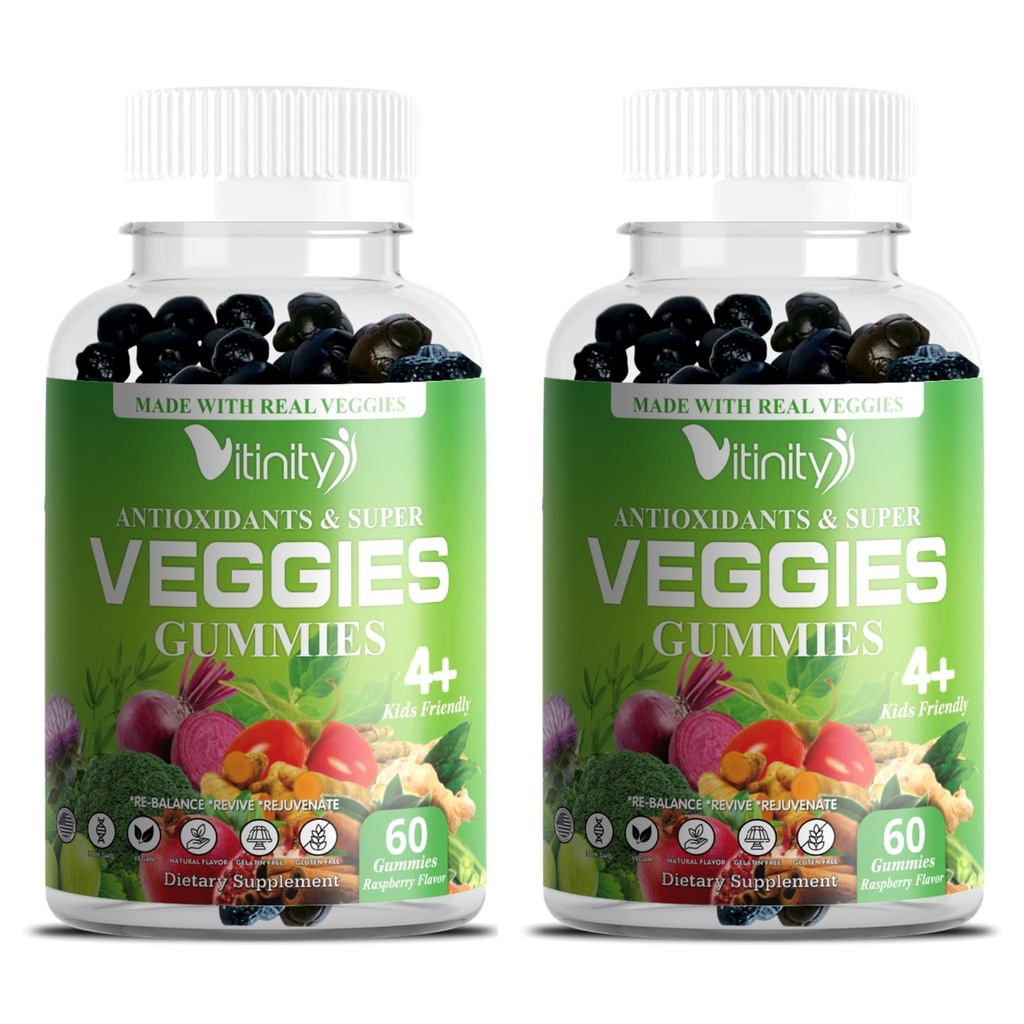 Supplément de légumes VITINITY avec de vrais légumes Super Gommies Delicious Gommies(120 Chews), 30 légumes, Herbes, suppléments de fruits et légumes, non-OGM, à base de pectines, sans gluten, plus de pilules (60 jours)