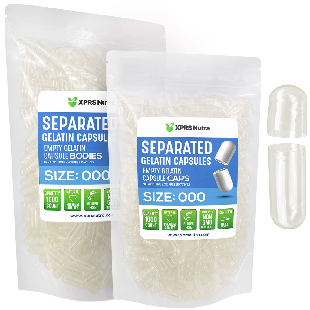 XPRS Nutra Capsules séparées Taille 000-1000 Nombre clair Grandes Capsules de gélatine vides Séparées dans des sacs - Premium Clear Vide 000 pilules pour le remplissage de supplément de bricolage