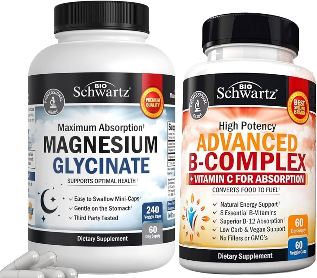 BioSchwartz Haute Absorption Magnésium Glycinat 500mg Capsules (2 mois d'approvisionnement) Plus Complexe vitamine B avec vitamine C (2 mois d'approvisionnement)