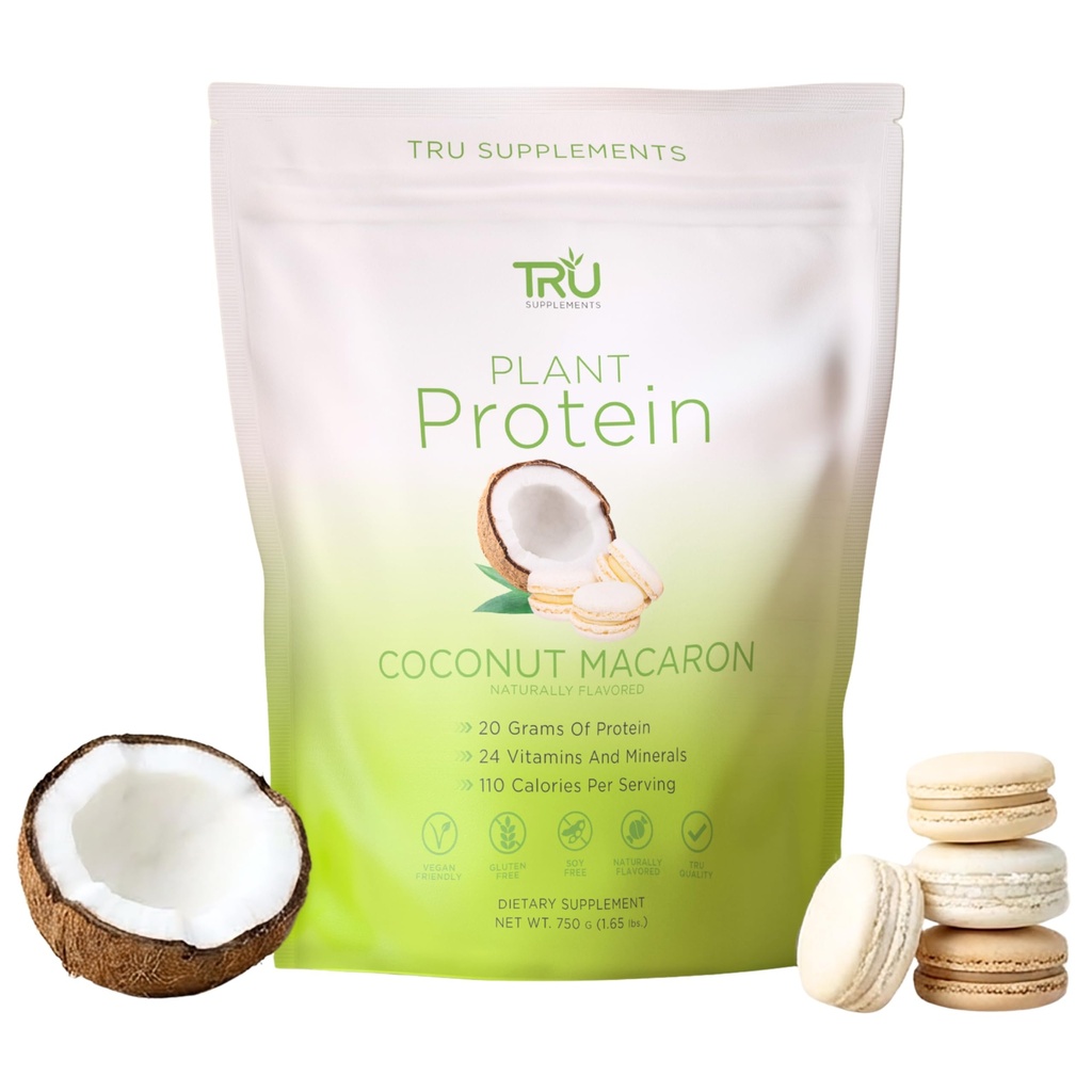 Suppléments TRU Poudre de protéines à base végétale, BCAA, EAA, 20g Riz brun végétalien et protéines de pois, 100 calories, 27 vitamines, pas d'arôme artificiel 25 portions (Coconut Macaron)
