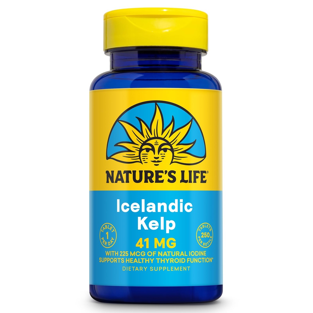 Nature's Life Icelandic Kelp 41 mg - Sea Kelp Iodine Supplement aus Icelandic Seawater - Schilddrüse Unterstützung für Frauen und Männer mit 225mcg Natural Iodine - 60-Day Garantie, 250 Servietten, 250 Tabletten