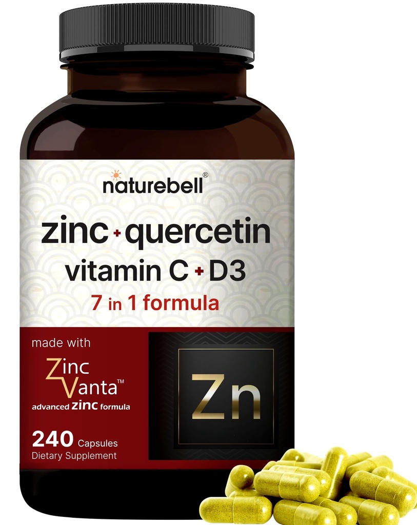 NatureBell Zinc Quercetin avec Vitamine C & D3, 240 capsules Quercetin 1000mg + Zinc 50mg + Vitamine C 250mg + Vitamine D3 5000 UI 4-en-1 Immune avancée et soutien pulmonaire